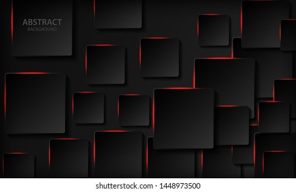 Technology background. Black abstract realistic 3d background with paper square shape. Geometric pattern texture with red light and overlap layer. Modern background.
