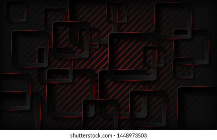 Technology background. Black abstract realistic 3d background with paper square shape. Geometric pattern texture with red light and overlap layer. Modern background.