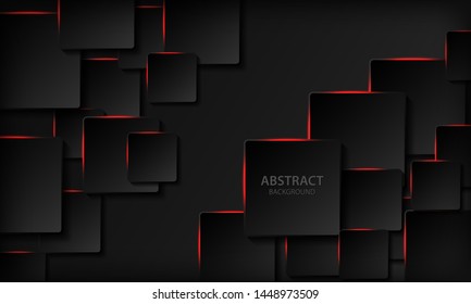 Technology background. Black abstract realistic 3d background with paper square shape. Geometric pattern texture with red light and overlap layer. Modern background.