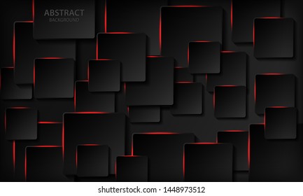 Technology background. Black abstract realistic 3d background with paper square shape. Geometric pattern texture with red light and overlap layer. Modern background.