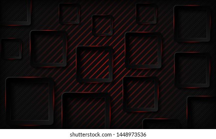 Technology background. Black abstract realistic 3d background with paper square shape. Geometric pattern texture with red light and overlap layer. Modern background.