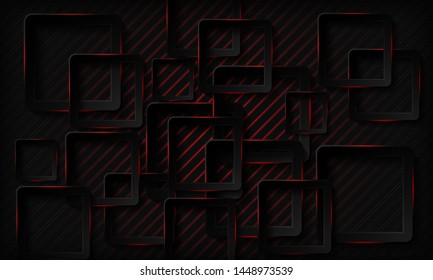 Technology background. Black abstract realistic 3d background with paper square shape. Geometric pattern texture with red light and overlap layer. Modern background.