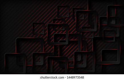 Technology background. Black abstract realistic 3d background with paper square shape. Geometric pattern texture with red light and overlap layer. Modern background.