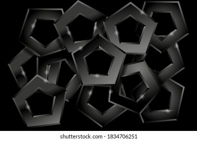 Technology background. Black perforated metal background and pentagonal shapes. Vector EPS10