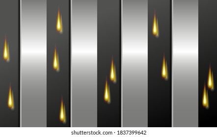 Technology background. Black perforated metal surface, steel stripes and fire drops. Vector EPS10