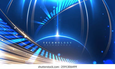 Technology background with blue and gold lights decorated with glowing particles, modern futuristic backdrop design concept in luxury style, vector illustration.