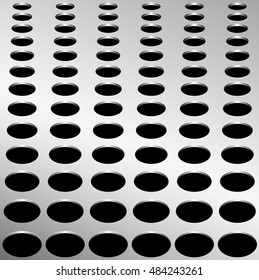 Technology background with circle perforated metal chrome, iron, stainless steel, silver grill texture for internet sites, web user interfaces. Vector Pattern.