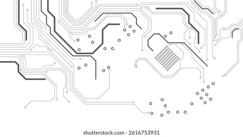 Technology background with a circuit board with electronic elements.  Motherboard technology texture design.Black circuit diagram on white background. High-tech circuit board connection system.