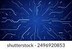 Technology background with a circuit board with light lines and electronic elements. Tech bg in blue. Banner with abstract AI chip or computer processor.  Digital motherboard. Vector illustration.