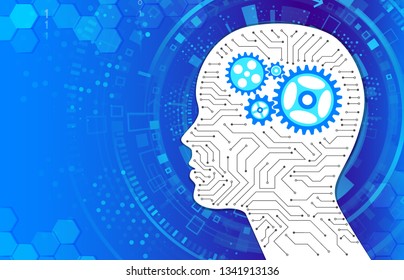 Technology background with circuit board and mechanism inside the head silhouette. Virtual engineering concept. Artificial intelligence.