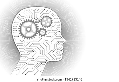 Technology background with circuit board and mechanism inside the head silhouette. Virtual engineering concept. Artificial intelligence.