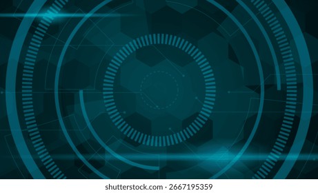 Fondo de tecnología con diseño futurista cian oscuro circular con hexágonos y líneas. Ideal para fondos digitales, conceptos tecnológicos y proyectos gráficos innovadores.