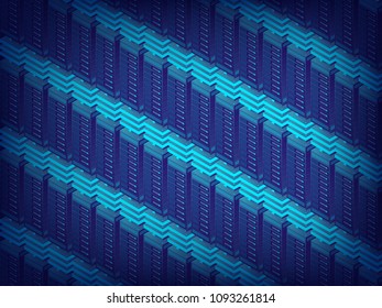 Technology background. Cloud data center with hosting servers. Computer technology, network and database, internet center.Server racks with cloud. Vector illustration in Isometric style