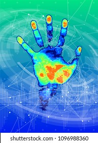 technology background - color thermal hand print, blue green technology background, chemical formulas & digital wave, points, lines, triangles & low poly mesh elements