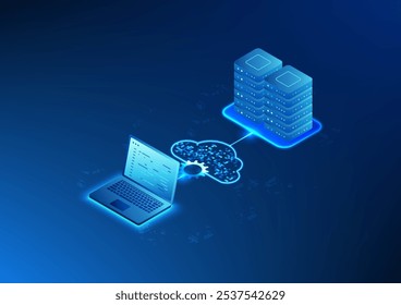 Technology background,  Computers connected to the cloud and servers. The cloud is a system that stores data to the server for users and has a security system.