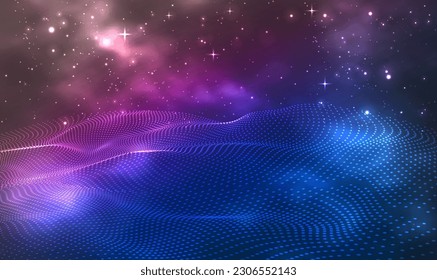 Technology background with connected dots on 3D wave landscape. Futuristic digital background. Big data. Virtual reality cyberspace, metaverse. Elegant particle flow, glitters. Magical bokeh. Vector.