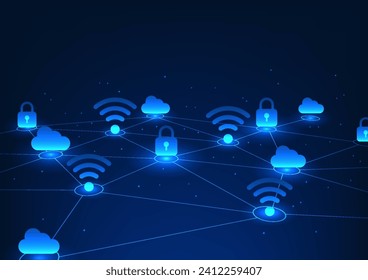 Technology background, connected geometric lines With WiFi icon and lock It represents the transmission of high-tech digital data in a secure network. Blue background, vector illustration