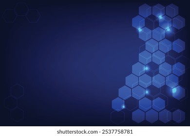 Tecnología Fondo en color azul oscuro, forma hexagonal con línea y relleno. Espacio libre para el diseño y la edición en concepto de ciencia y negocios.