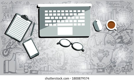 Technology background design. Website landing page. Template for apps. Smart phone, Laptop, Coffee, Note pad, Pencil, glasses. Vector illustration.