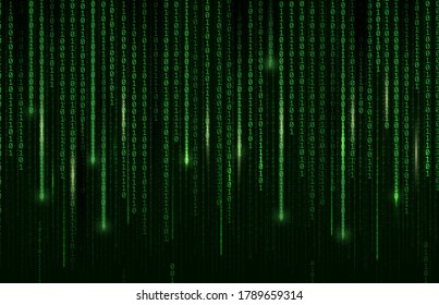 Technology background, digital binary code matrix, vector computer cyberspace and internet communication coding. Digital binary code matrix green background, internet data network and programming