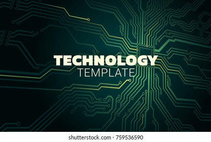 Technology background. Digital cyberspace with circuit board on the green background.  Motherboard with processor and electronic components.