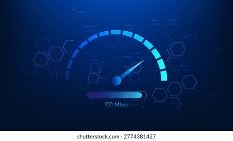 Technology background digital display with an internet speed meter, representing network speed testing, bandwidth measurement, internet performance, connection quality, and real-time data monitoring.