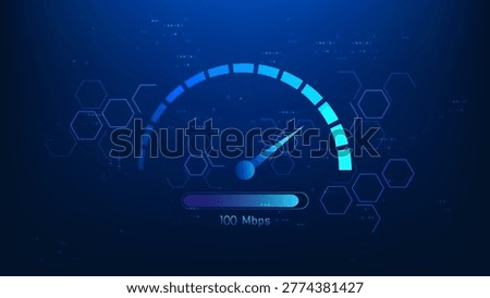 Technology background digital display with an internet speed meter, representing network speed testing, bandwidth measurement, internet performance, connection quality, and real-time data monitoring.