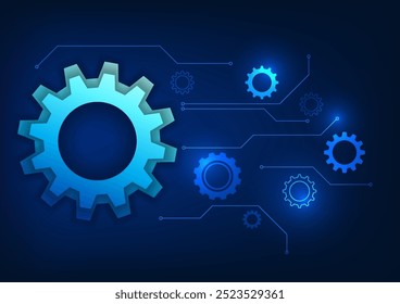 Fundo de tecnologia de acionamento, grandes engrenagens conectadas a pequenas engrenagens através de linhas de circuito, representando a colaboração e inovação em sistemas mecânicos complexos.