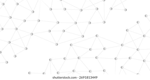 Fundo de tecnologia com linhas de fluxo dinâmico e esferas conectadas formando padrão de rede digital abstrato em tons de cinza.