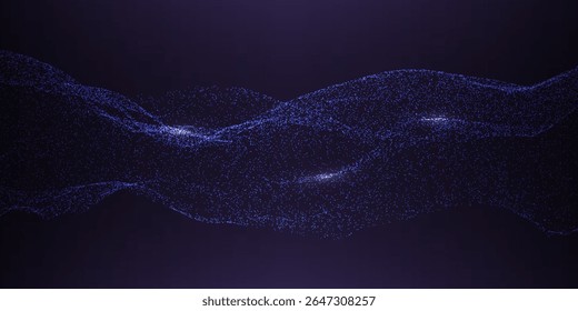 Technology background with dynamic wave. Glowing blue particles on dark backdrop. Futuristic abstract texture. Digital data concept. Deep learning design. Vector illustration.
