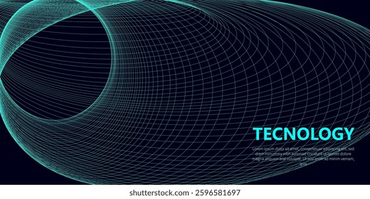 Technology background featuring a dynamic wireframe wave in neon blue against a dark background, digital design conveys innovation, connectivity, and data flow