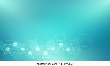 Technology background with flat icons and symbols. Concept and idea for internet of things, communication, network, innovation technology, system integration. Vector illustration