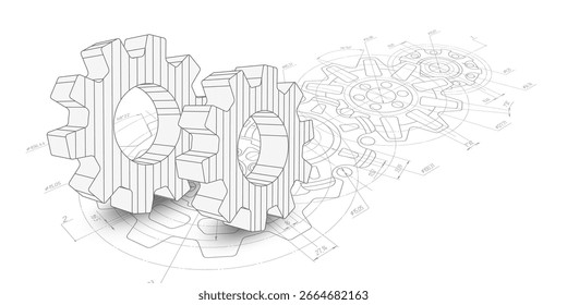 Histórico tecnológico. Engrenagens Desenho técnico de engrenagem .Indústria de engenharia. Ilustração vetorial.