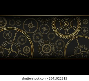Technology background with gold gears and cogs on black, shiny metal 3D background vector illustration.