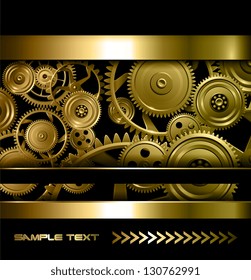 Technology background gold metallic gears and golden cogwheels, vector.