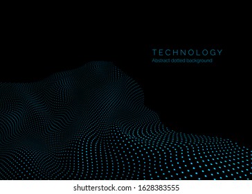 Technology background in green colors. Warp surface of matter. Abstract digital landscape with flowing particles. Vector illustration