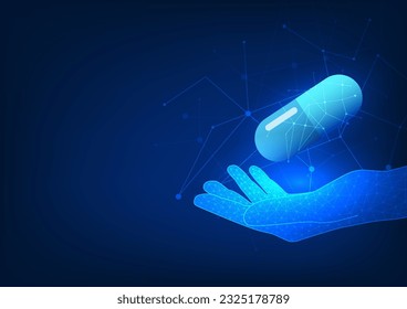 Technology background with a hand holding a pill, symbolizing modern medical assistance and futuristic healthcare.