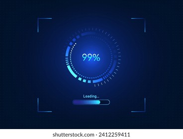 Fondo tecnológico, pantalla de carga de datos digitales de alta tecnología a través de la red Mostrar estado porcentual de datos círculo de alta tecnología, fondo azul, ilustración vectorial