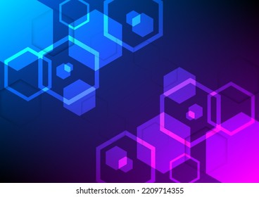 Technology Background With Hive Science Hexagon Unit Vector Abstract Design. Blue And Purple Digital Light Communication Network. Graphic For Signal Connection Online And Futuristic Internet Concept.