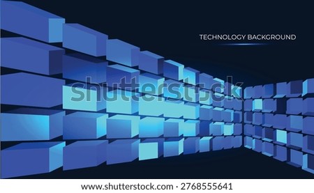 Technology Background: An imposing blue wall featuring square-based geometry that simulates big data. Luminous patterns evoke digital data streams, For AI visuals, analytics, and immersive high-tech