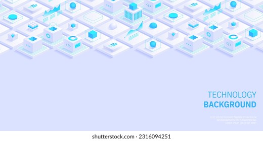 Technology background. Isometric horizontal vector template design for banner, cover, and header. Futuristic infographics aesthetic design. Visual information complexity. Intricate data threads plot.