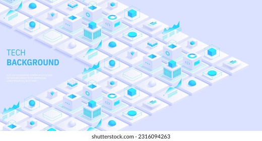 Technology background. Isometric horizontal vector template design for banner, cover, and header. Futuristic infographics aesthetic design. Visual information complexity. Intricate data threads plot.