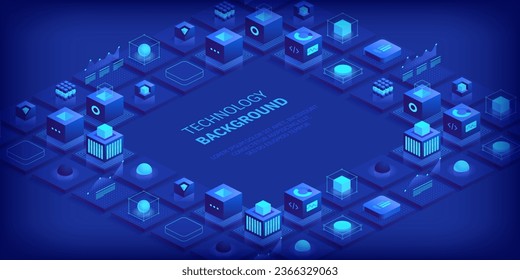 Technology background. Isometric horizontal vector template design for banner, cover, and header. Futuristic infographics aesthetic design. Visual information complexity. Intricate data threads plot.