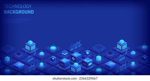 Technology background. Isometric horizontal vector template design for banner, cover, and header. Futuristic infographics aesthetic design. Visual information complexity. Intricate data threads plot.