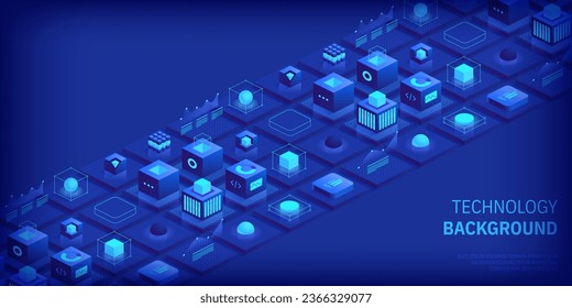 Technology background. Isometric horizontal vector template design for banner, cover, and header. Futuristic infographics aesthetic design. Visual information complexity. Intricate data threads plot.