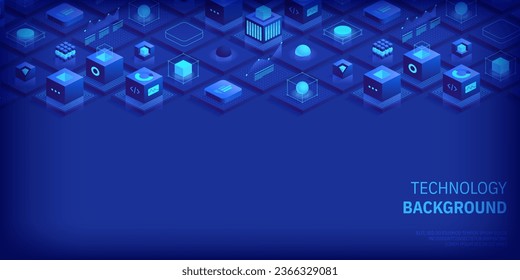 Technology background. Isometric horizontal vector template design for banner, cover, and header. Futuristic infographics aesthetic design. Visual information complexity. Intricate data threads plot.