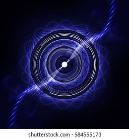Technology background with laser beams and glowing blue circle, vector illustration