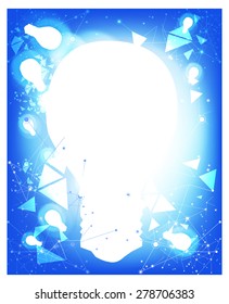 Technology background with light bulbs and polygonal triangles with thin lines with circles in blue
