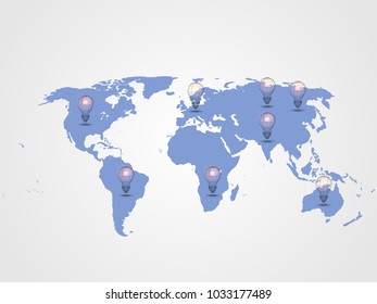 Technology background. Lightbulb on world map as background represents concept of idea and innovation. Concept of new idea for the future. Vector illustration.
