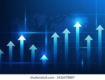 Technology background with many arrows rising towards the world map. with a sparkle A global concept where technology is rapidly evolving to allow businesses in each country to compete and grow.